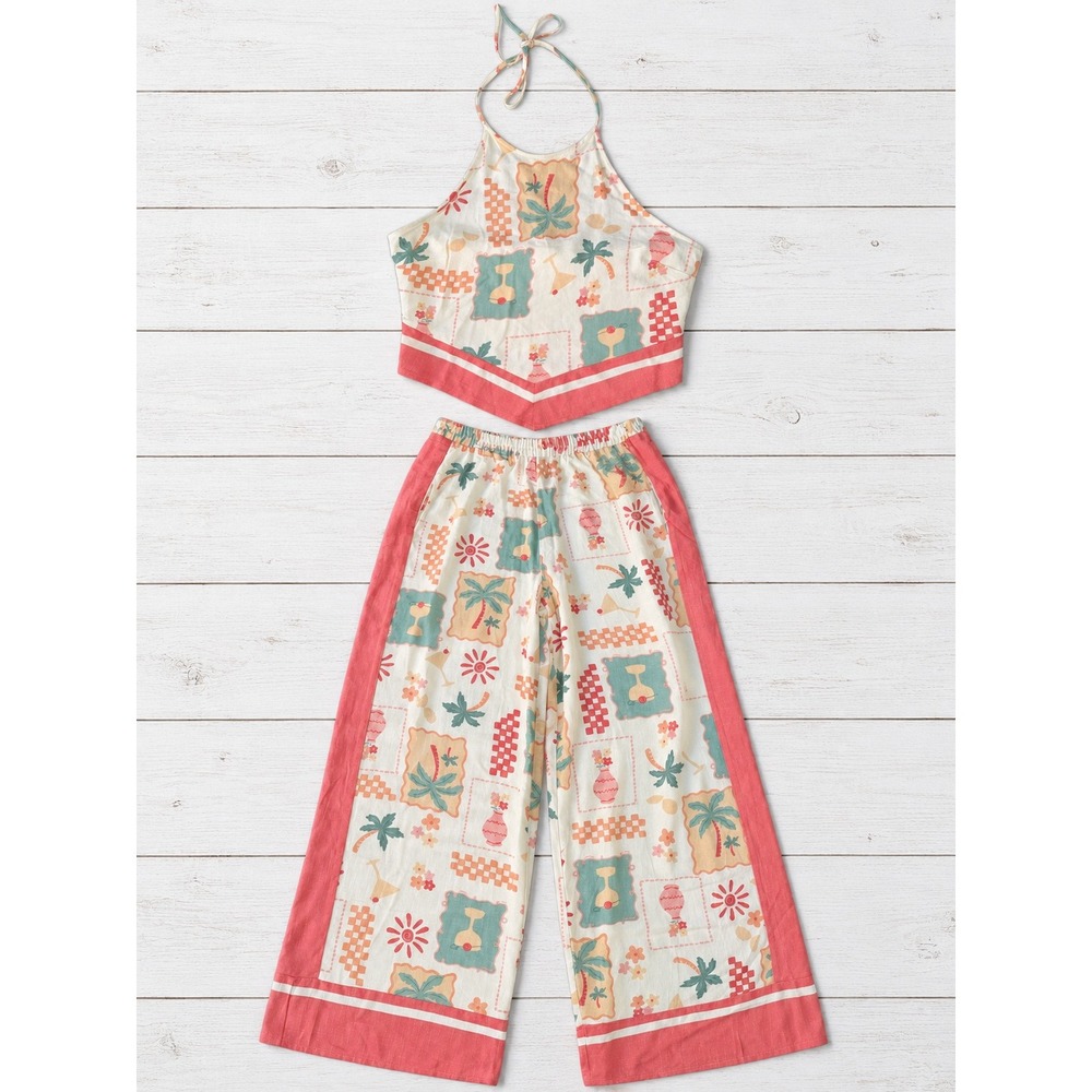 Sienna Sky Two Piece Set Halter Crop Top Wide Leg Pants Beachy Boho L 4467